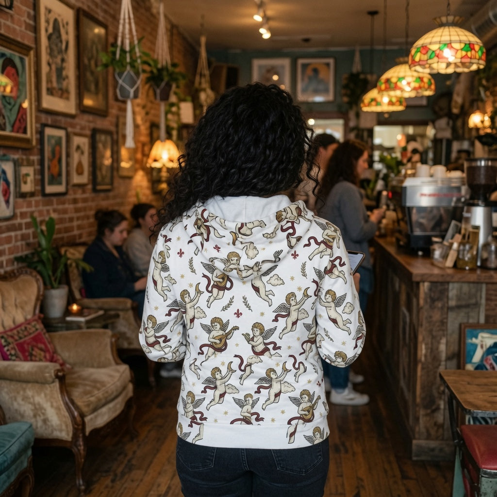 Cherub pattern zip hoodie, worn styling