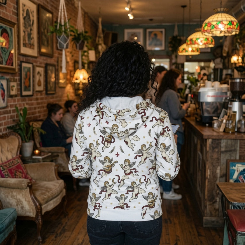Cherub pattern zip hoodie, worn styling