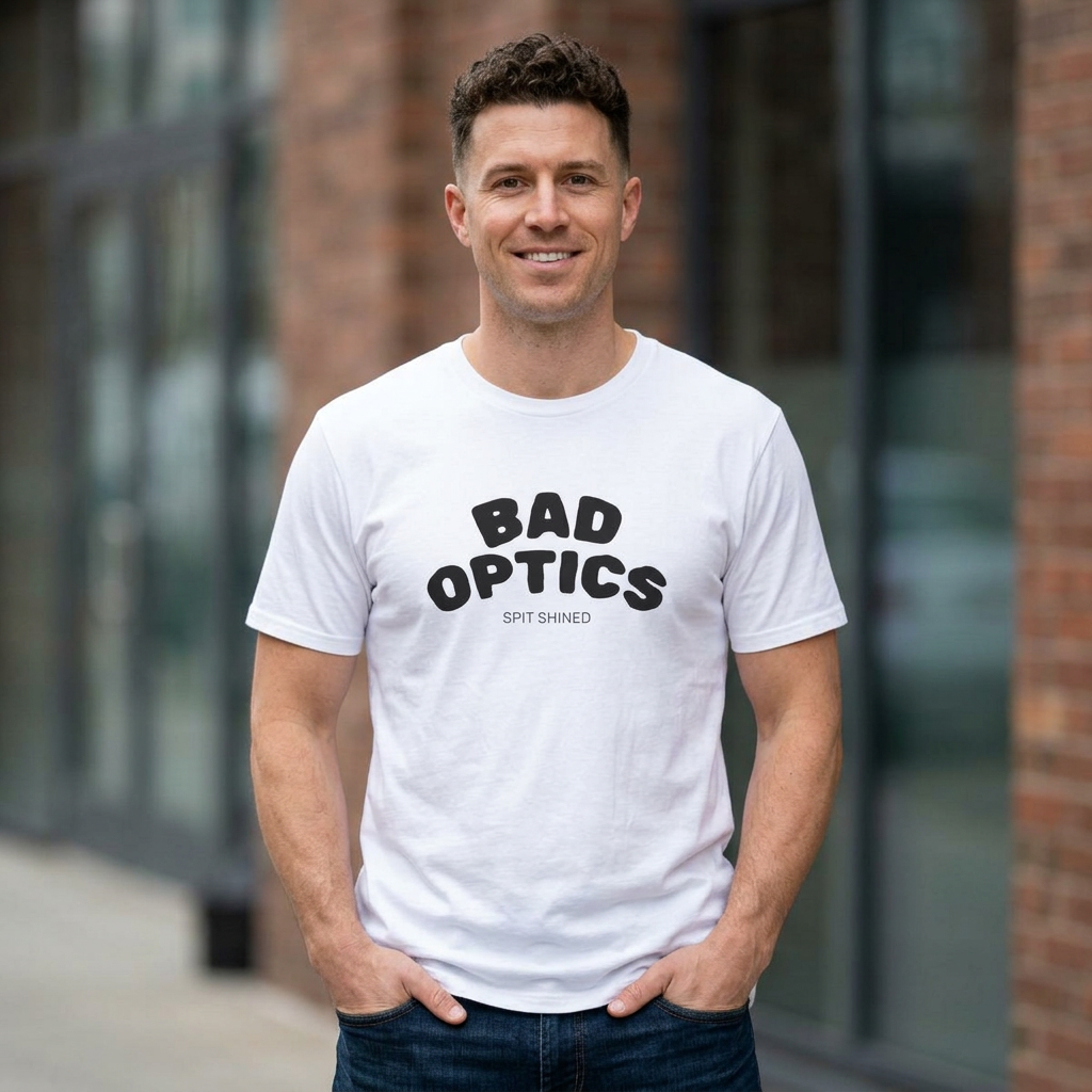 'Bad Optics' retro arch logo graphic tee, front view — Catch Phrase Poet