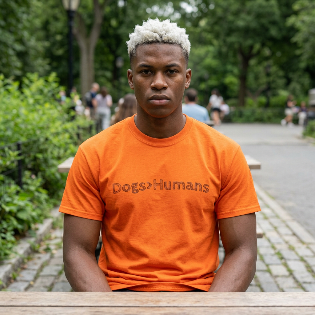 'Dogs > Humans' tee, worn casual styling