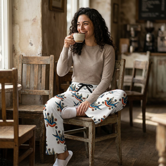 Vintage Swallow Pattern Pajama Pants — Women's Cozy Lounge Sleepwear
