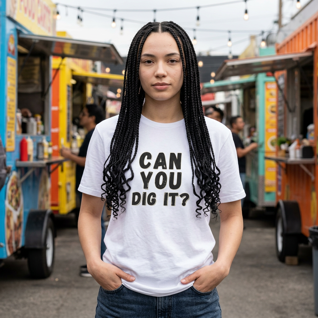 'Can You Dig It' typographic tee, worn casual styling