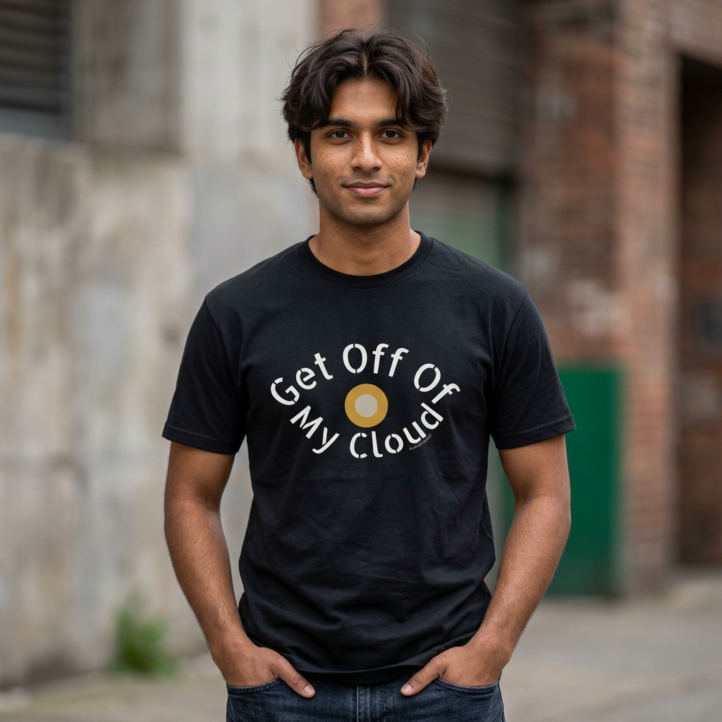 Get Off My Cloud vintage music tee, front print detail — Catch Phrase Poet