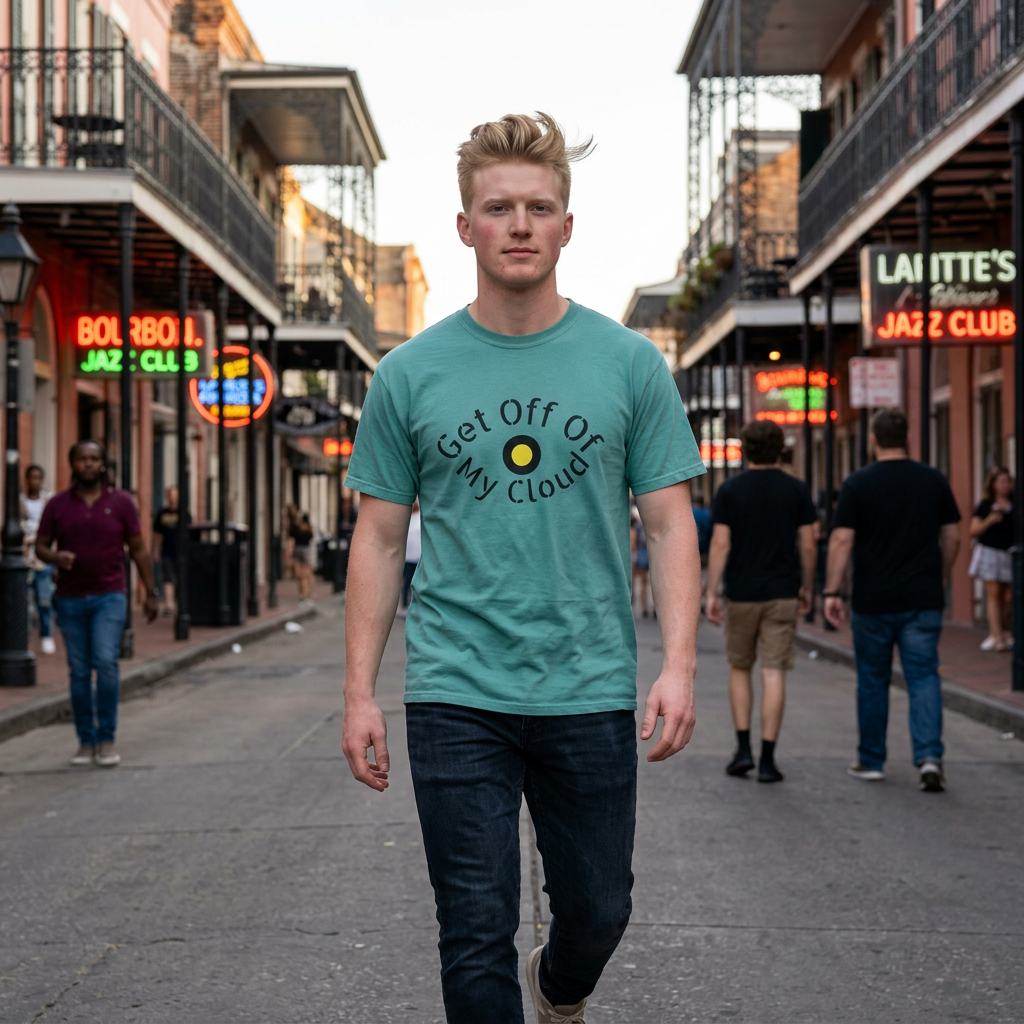 Get Off My Cloud retro vinyl record graphic tee, garment-dyed — Catch Phrase Poet