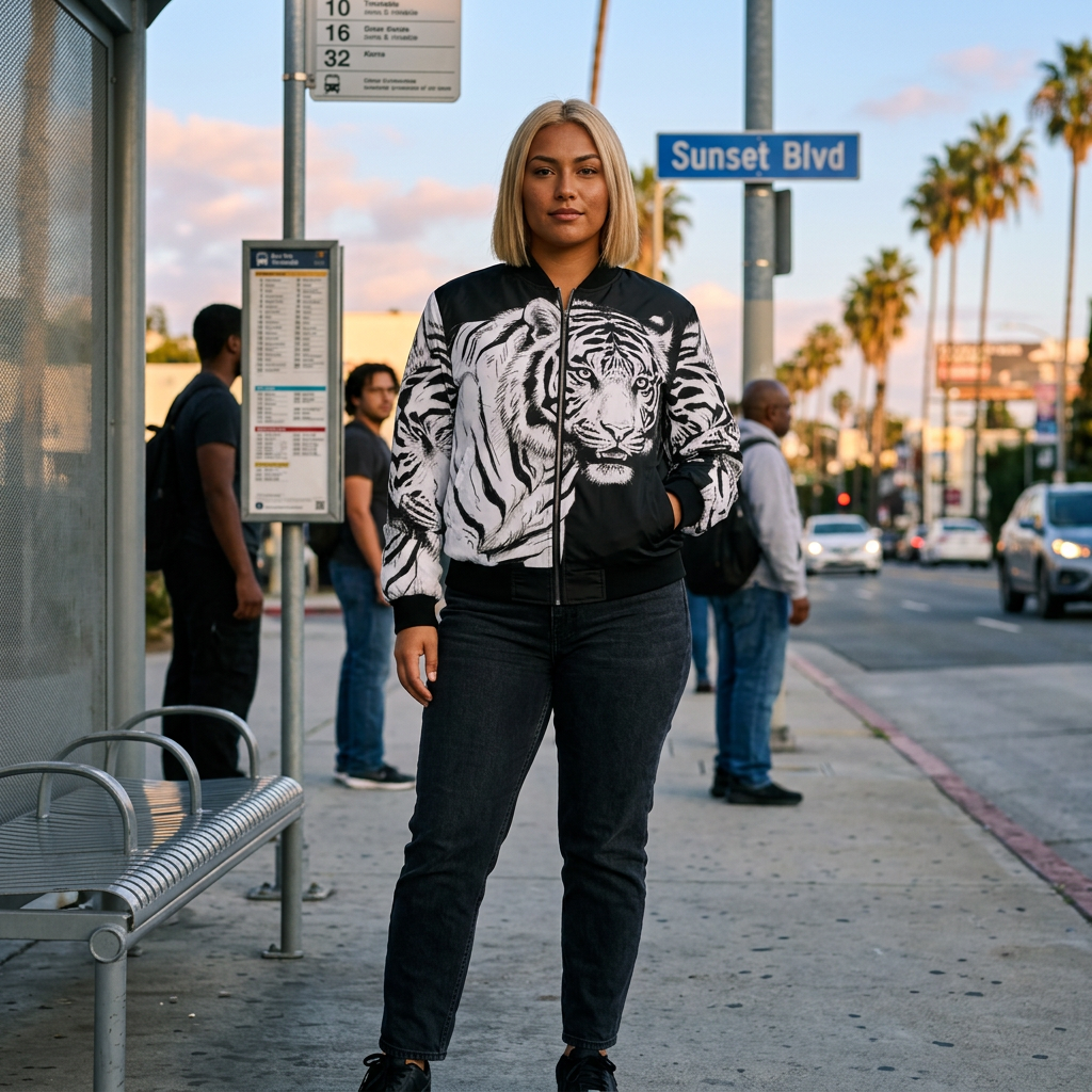 Tiger print bomber jacket sleeve detail with monochrome illustration on sand fabric — Catch Phrase Poet