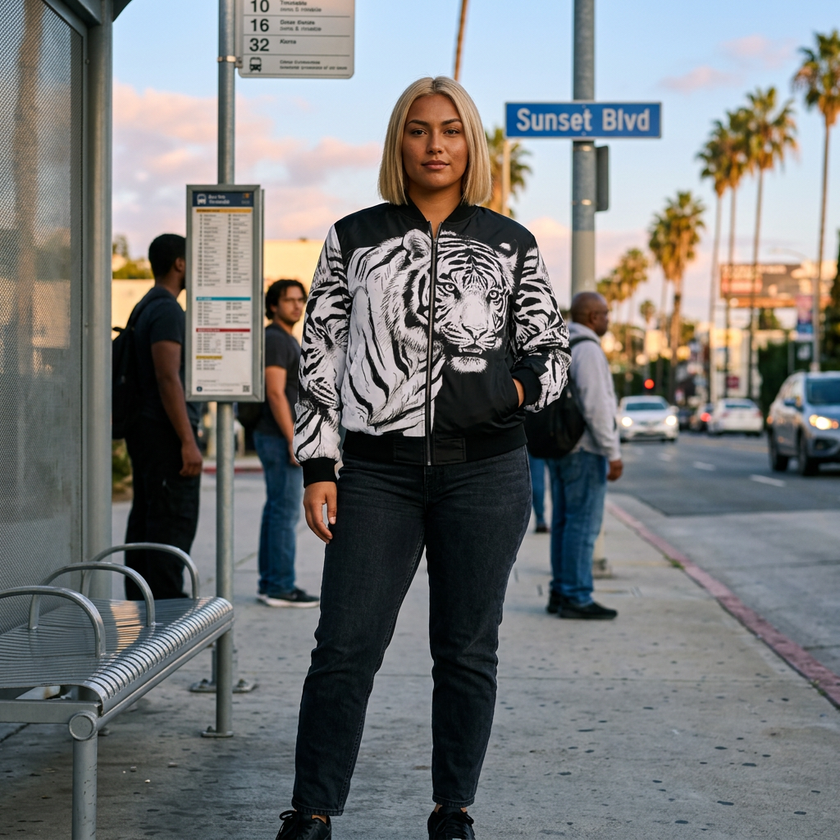 Tiger print bomber jacket sleeve detail with monochrome illustration on sand fabric — Catch Phrase Poet