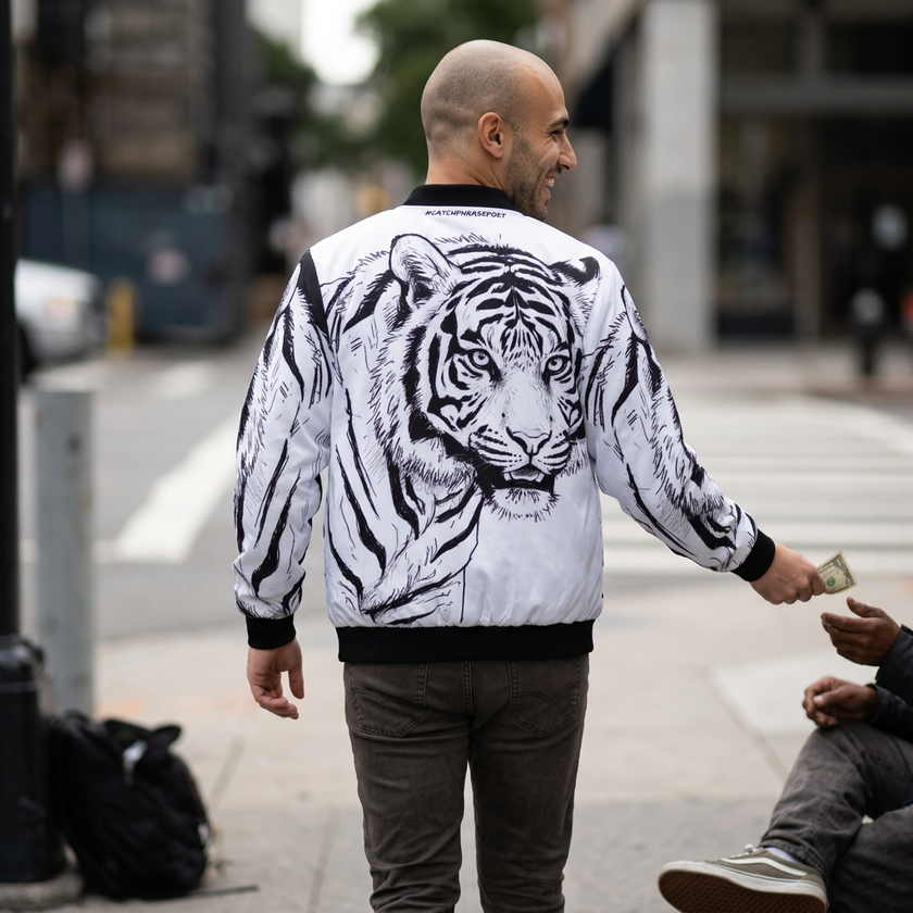 Tiger graphic bomber jacket with black rib-knit collar, cuffs and metal zipper detail — Catch Phrase Poet