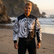 Bold black and white tiger bomber jacket styled as streetwear — Catch Phrase Poet