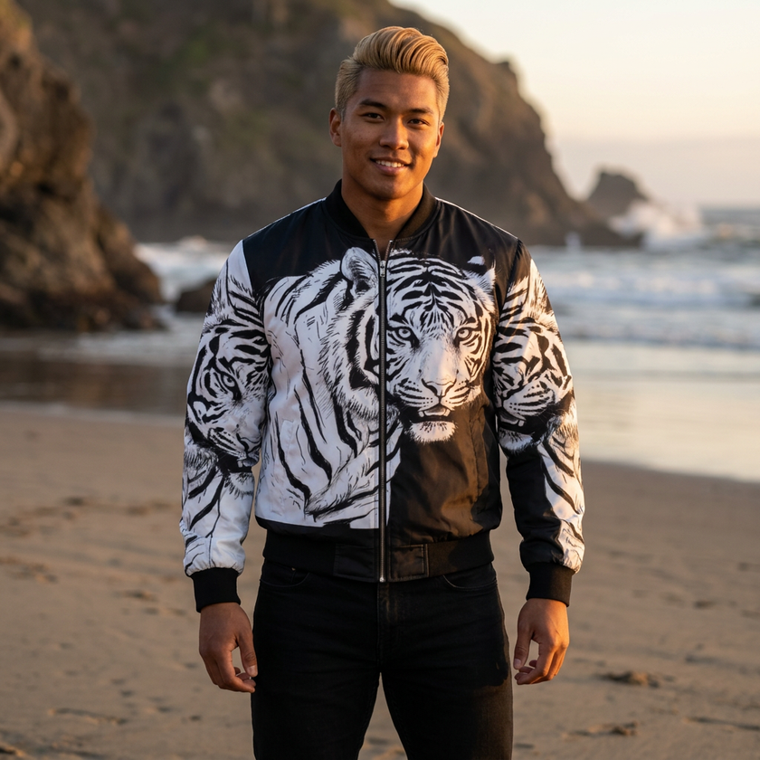 Bold black and white tiger bomber jacket styled as streetwear — Catch Phrase Poet