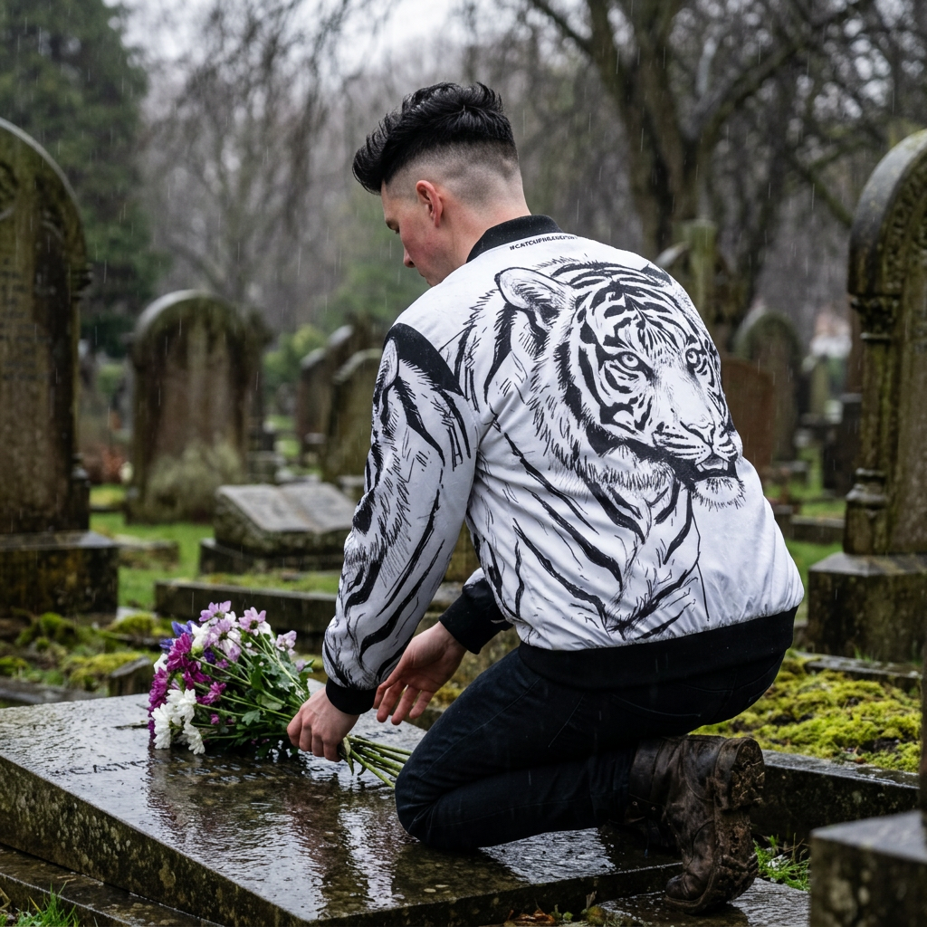 Monochrome tiger all-over print bomber jacket, back view showing full tiger illustration — Catch Phrase Poet