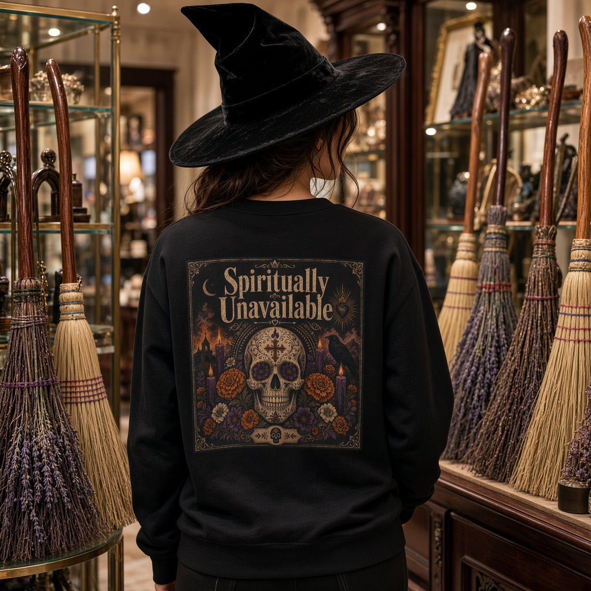 Spiritually Unavailable gothic crewneck worn, dark witchy styling — Catch Phrase Poet