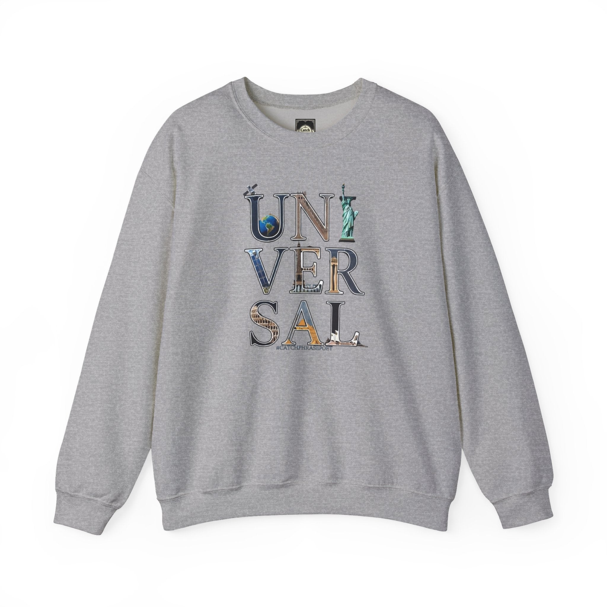 Gray sweatshirt with 'UNIVERSAL' graphic, featuring iconic landmarks and creative lettering