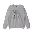 Gray sweatshirt with 'UNIVERSAL' graphic, featuring iconic landmarks and creative lettering