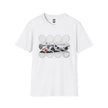 White graphic t-shirt with abstract racer car design and modern circular patterns