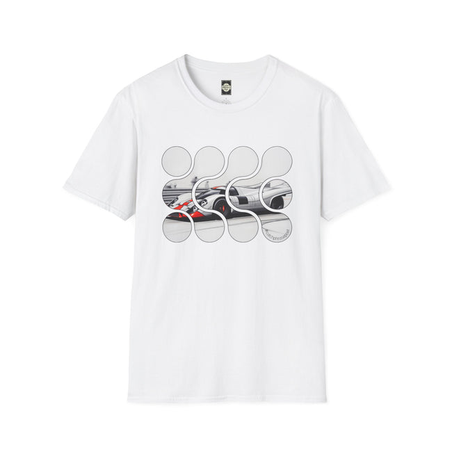 White graphic t-shirt with abstract racer car design and modern circular patterns