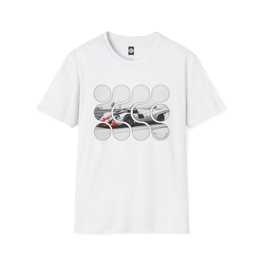 White graphic t-shirt with abstract racer car design and modern circular patterns