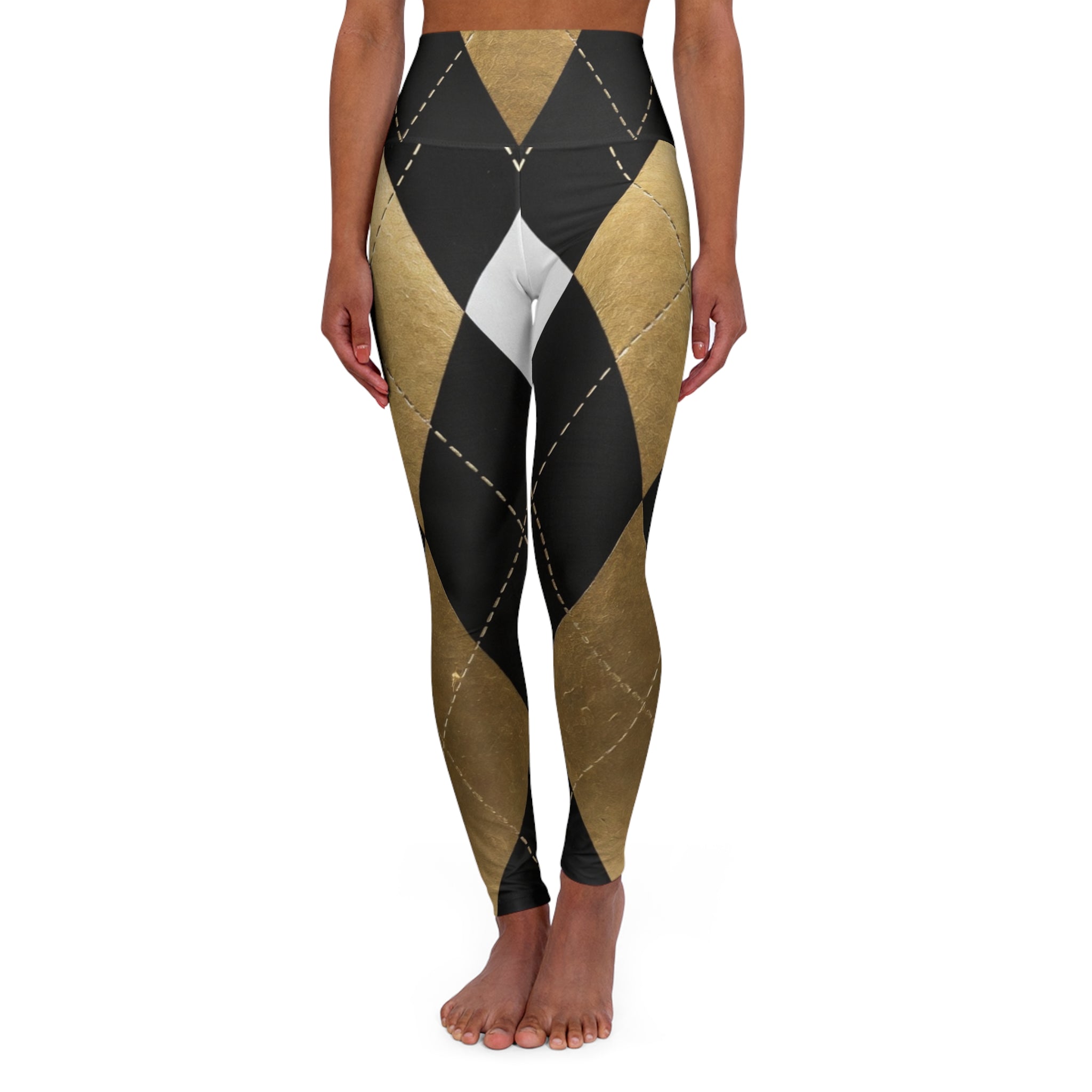Woman wearing high-waisted leggings with black, gold, and white diamond geometric pattern