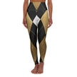 Woman wearing high-waisted leggings with black, gold, and white diamond geometric pattern