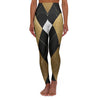 Woman wearing high-waisted leggings with black, gold, and white diamond geometric pattern