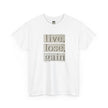 White t-shirt with embossed text graphic 'live, lose, gain' in neutral tones, minimalist style