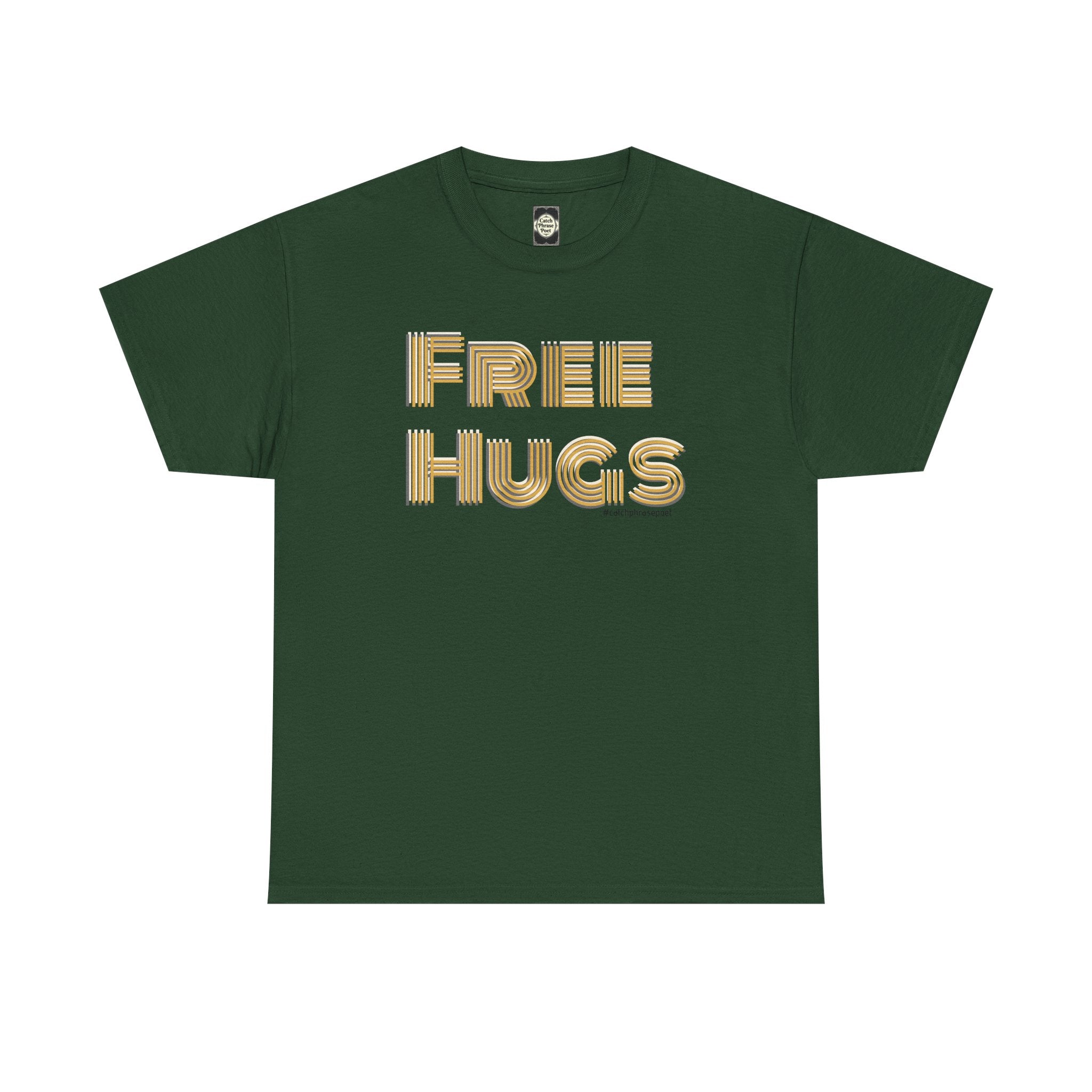 Free Hugs Tee | Retro Gold Stripe Text, Casual Comfort Shirt Smile Everyone