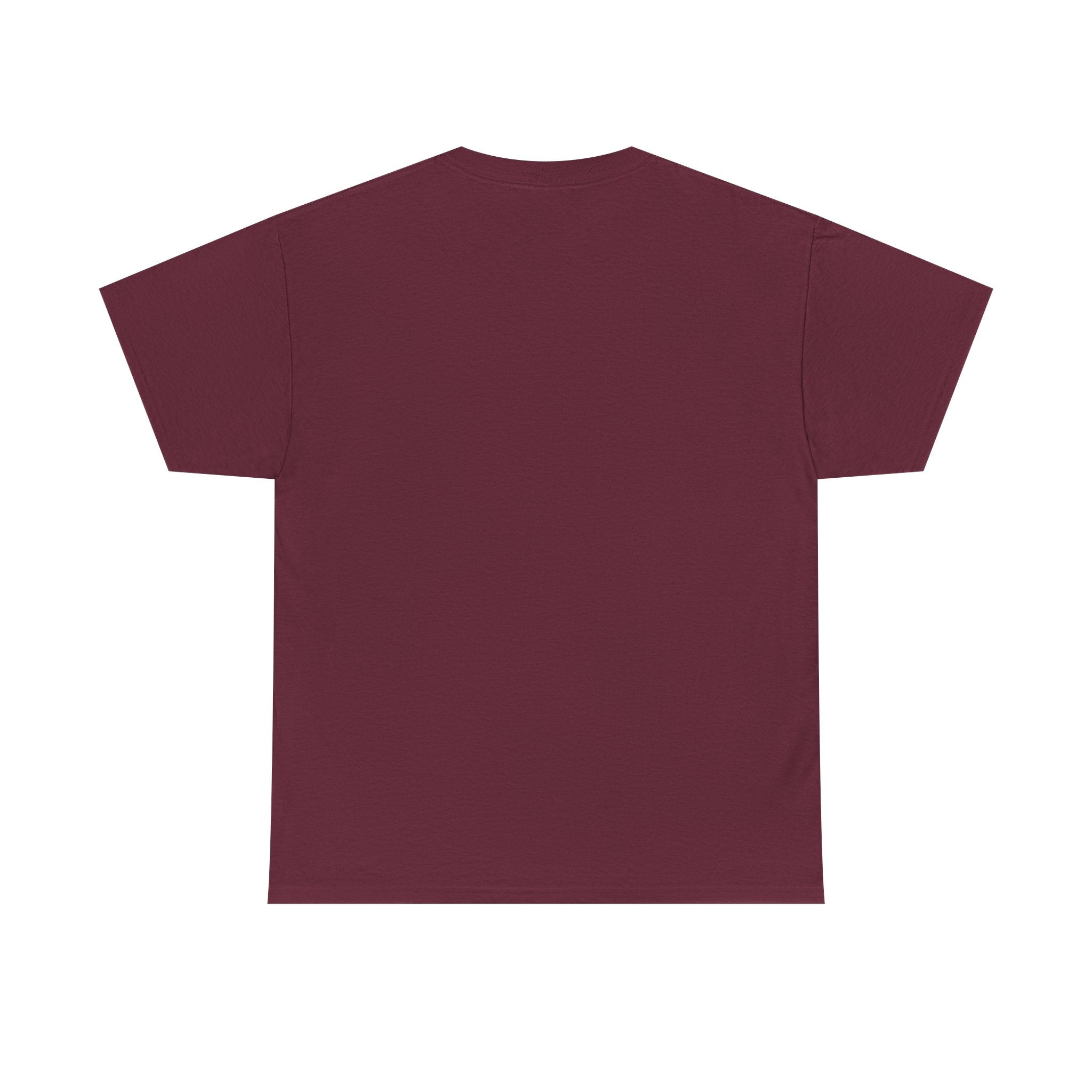 Plain maroon short sleeve t-shirt, flat lay, back view