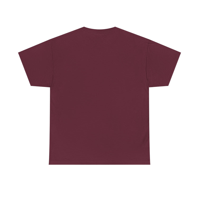 Plain maroon short sleeve t-shirt, flat lay, back view