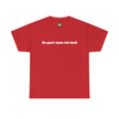 Red t-shirt with white de-part-men-tal-ized text, minimalist statement tee.
