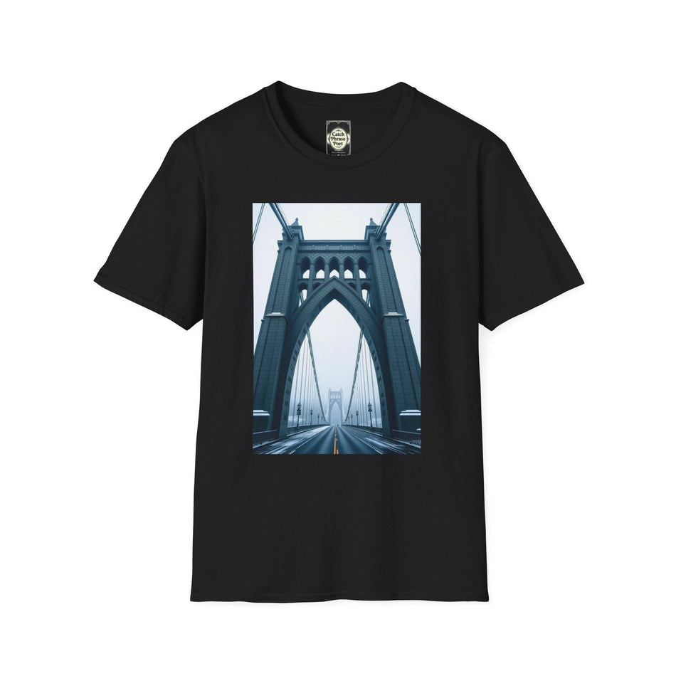 Black t-shirt featuring a bold graphic of a suspension bridge with an empty road