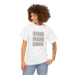 Woman wearing white t-shirt with 'live, lose, gain' affirmation graphic, casual style