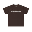 Brown t-shirt with white text de-part-men-tal-ized across the chest