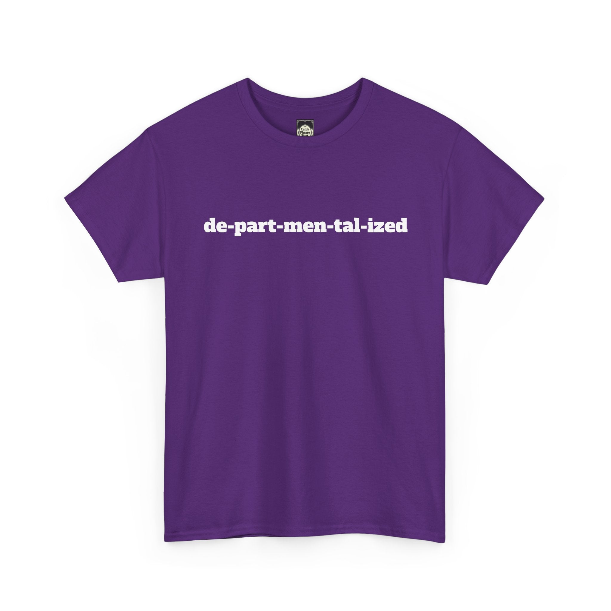 Purple t-shirt with white 'de-part-men-tal-ized' text graphic, minimalist clothing style
