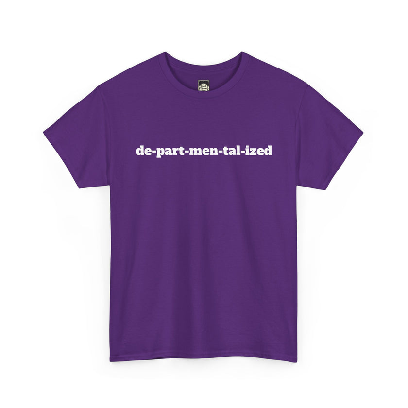 Purple t-shirt with white 'de-part-men-tal-ized' text graphic, minimalist clothing style