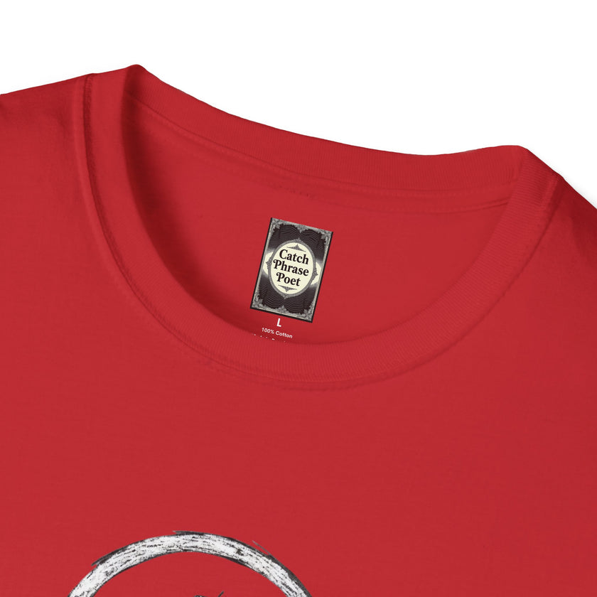 Close-up of red cotton t-shirt with Catch Phrase Poet label and round neckline