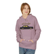 Woman wearing a mauve hoodie with #Volvolife Swedish Brick car graphic, casual fashion style