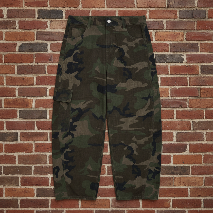 Catch Phrase Poet Men’s Camo Barrel Leg Cargo Pants
