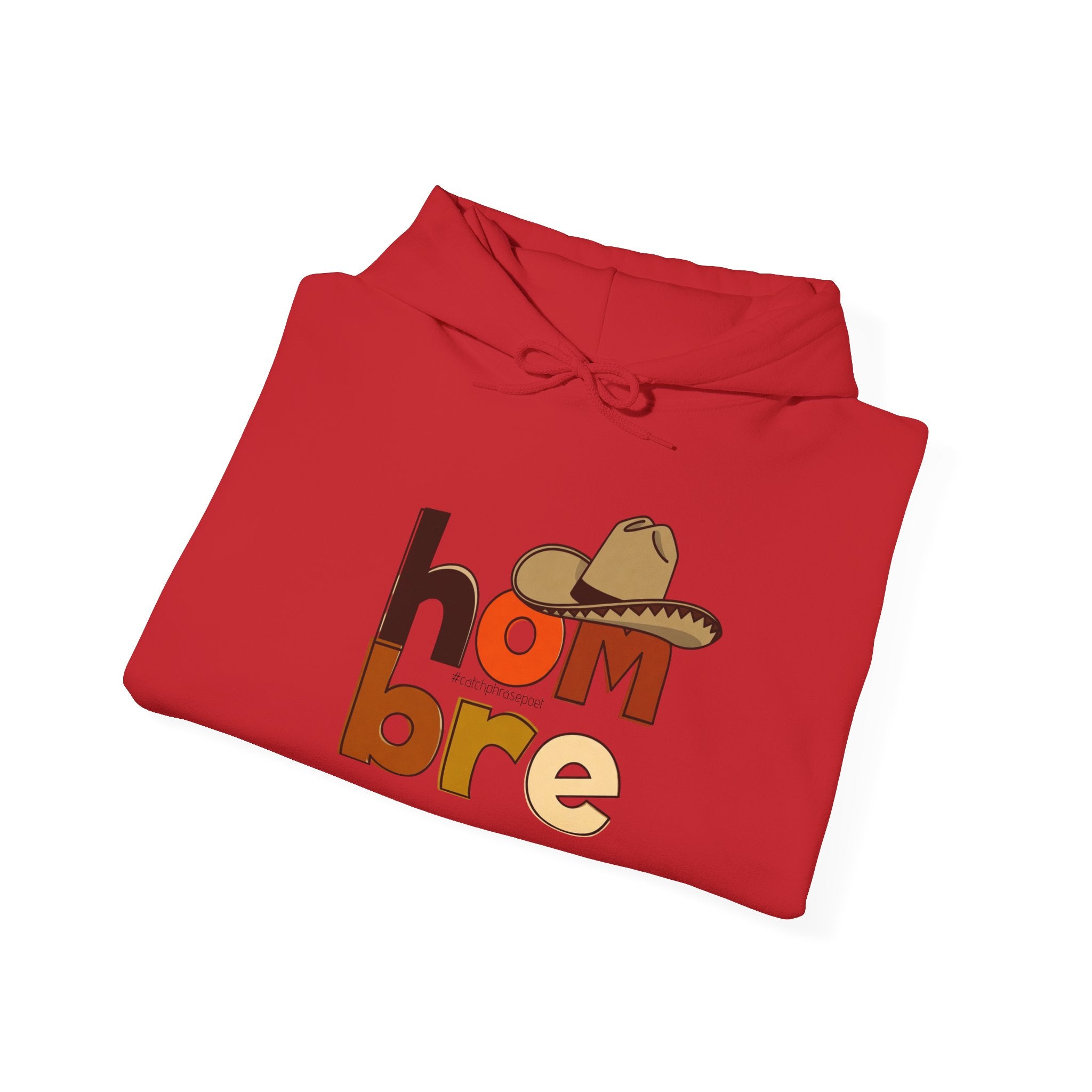 Red hoodie with 'hombre' text, cowboy hat graphic, folded on white background
