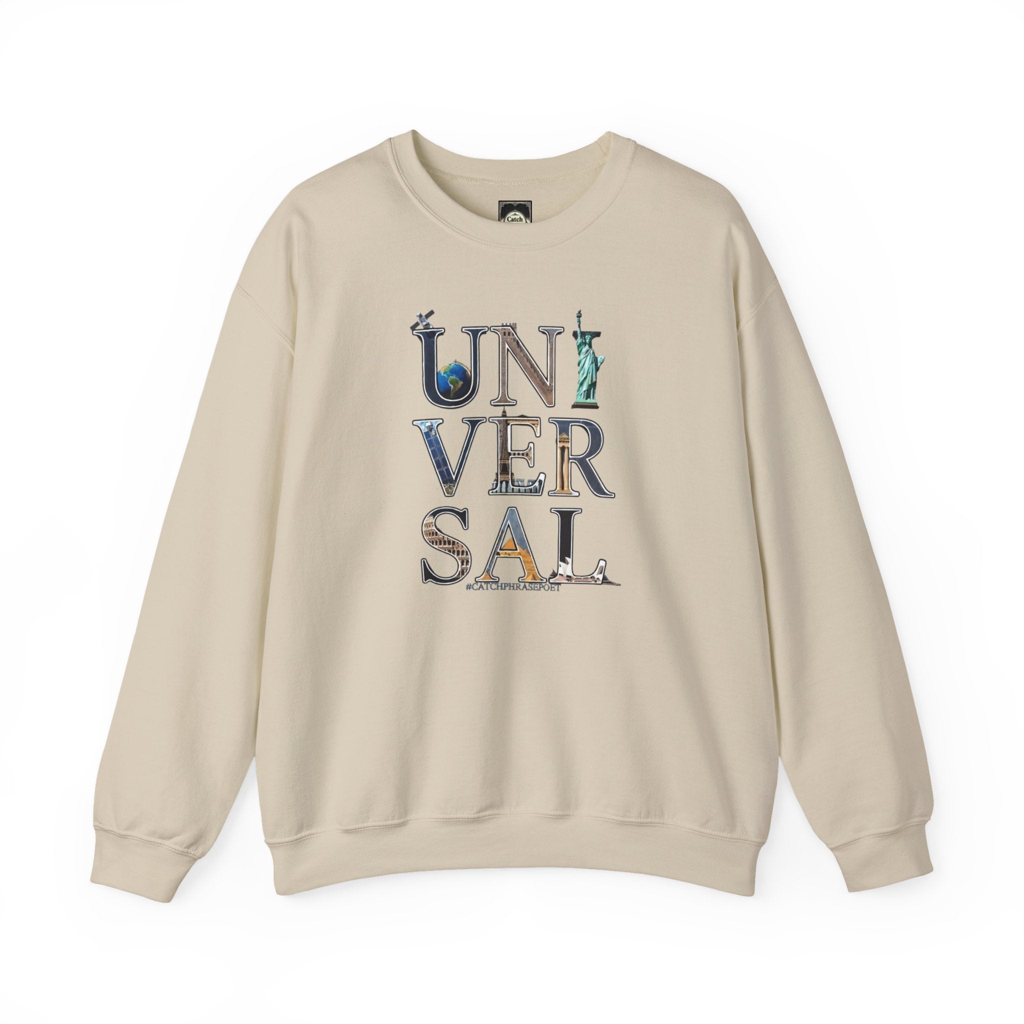 Beige sweatshirt with UNIVERSAL graphic featuring world landmarks and globe illustration