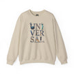Beige sweatshirt with UNIVERSAL graphic featuring world landmarks and globe illustration