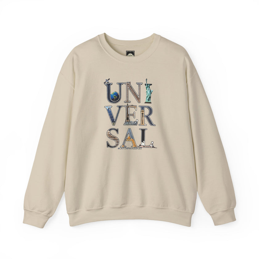 Beige sweatshirt with UNIVERSAL graphic featuring world landmarks and globe illustration