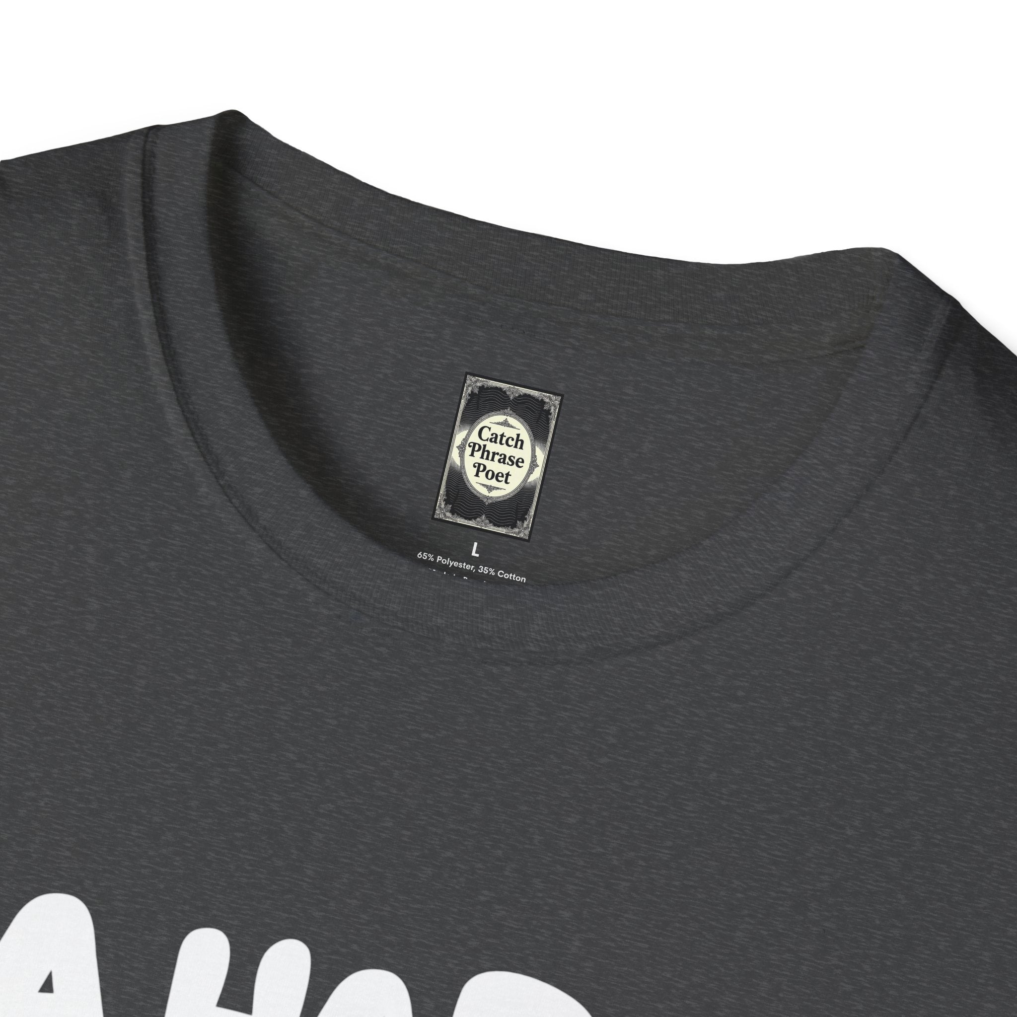 Closeup of dark heather t-shirt collar with printed label and minimalist white text design