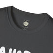 Closeup of dark heather t-shirt collar with printed label and minimalist white text design