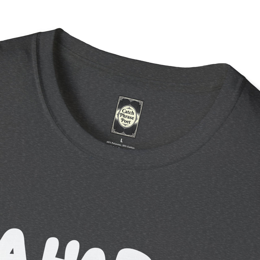 Closeup of dark heather t-shirt collar with printed label and minimalist white text design