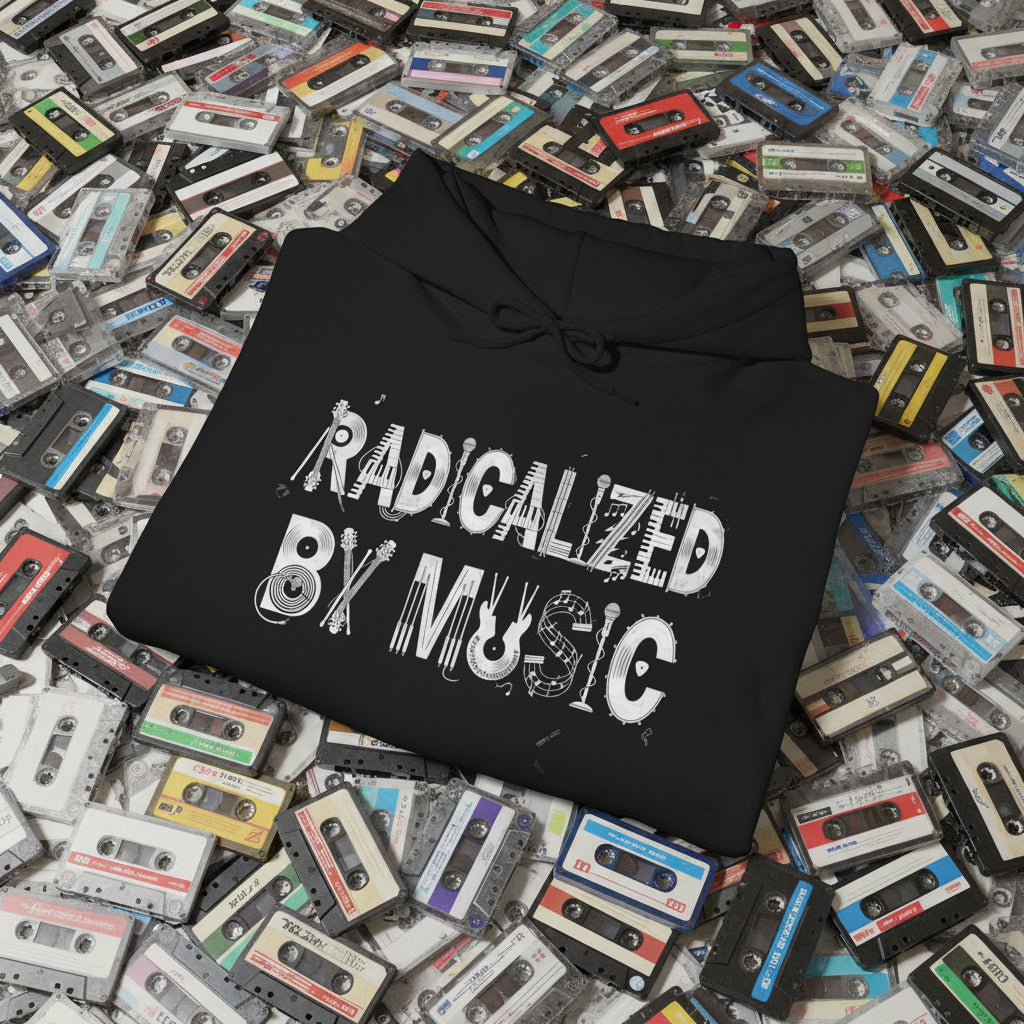black hoodie with white text on a white background