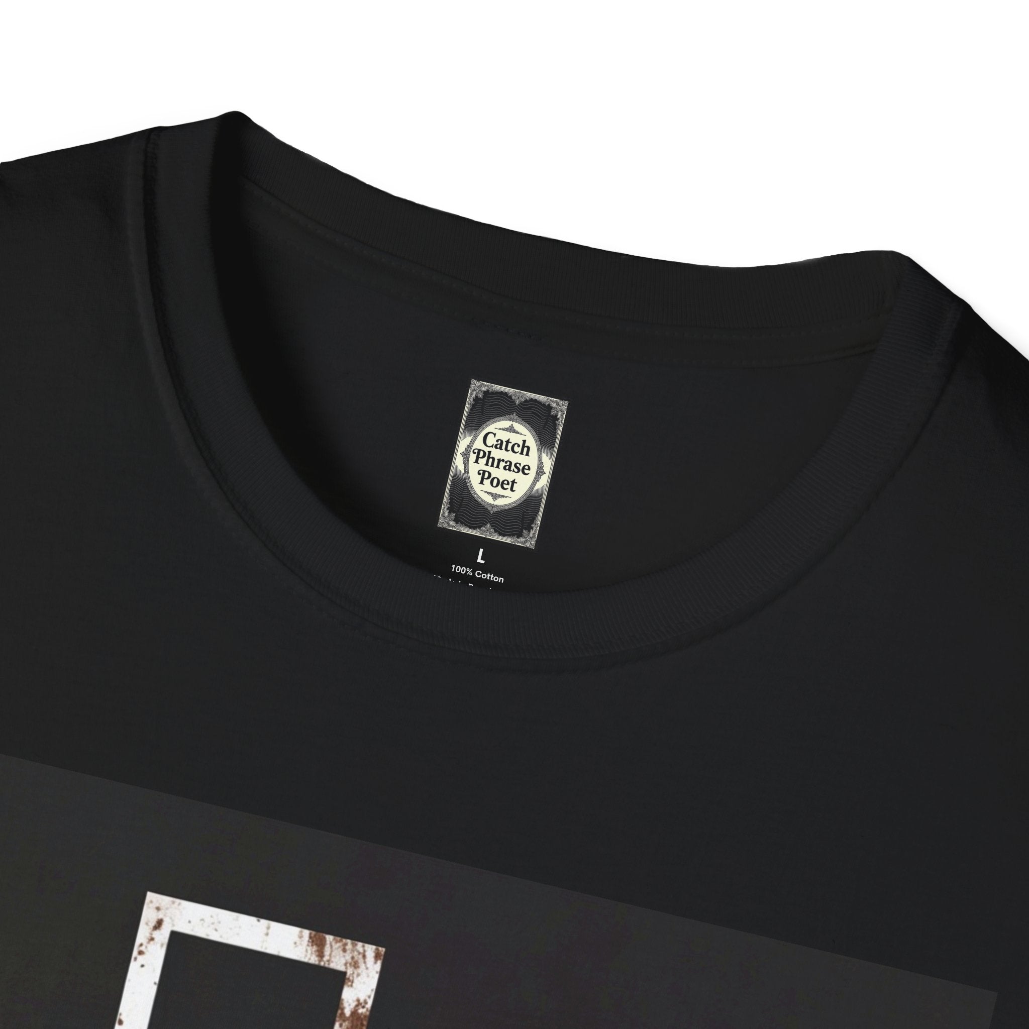 Black cotton t-shirt with Catch Phrase Poet label and distressed graphic design