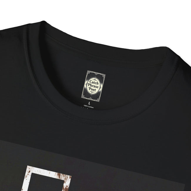 Black cotton t-shirt with Catch Phrase Poet label and distressed graphic design