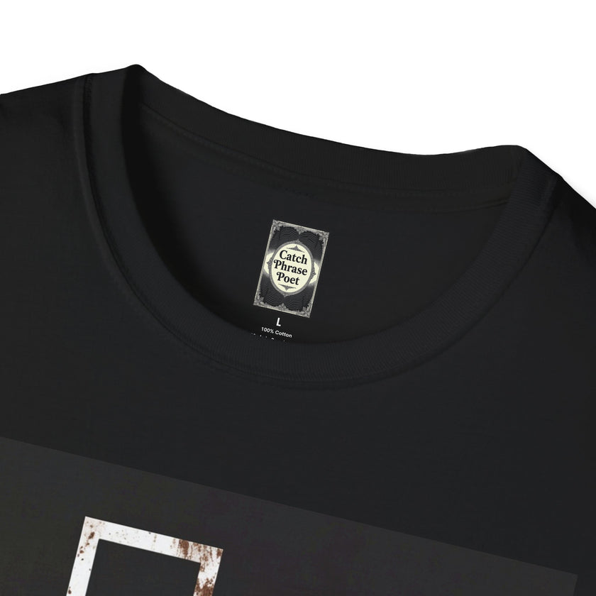 Black cotton t-shirt with Catch Phrase Poet label and distressed graphic design