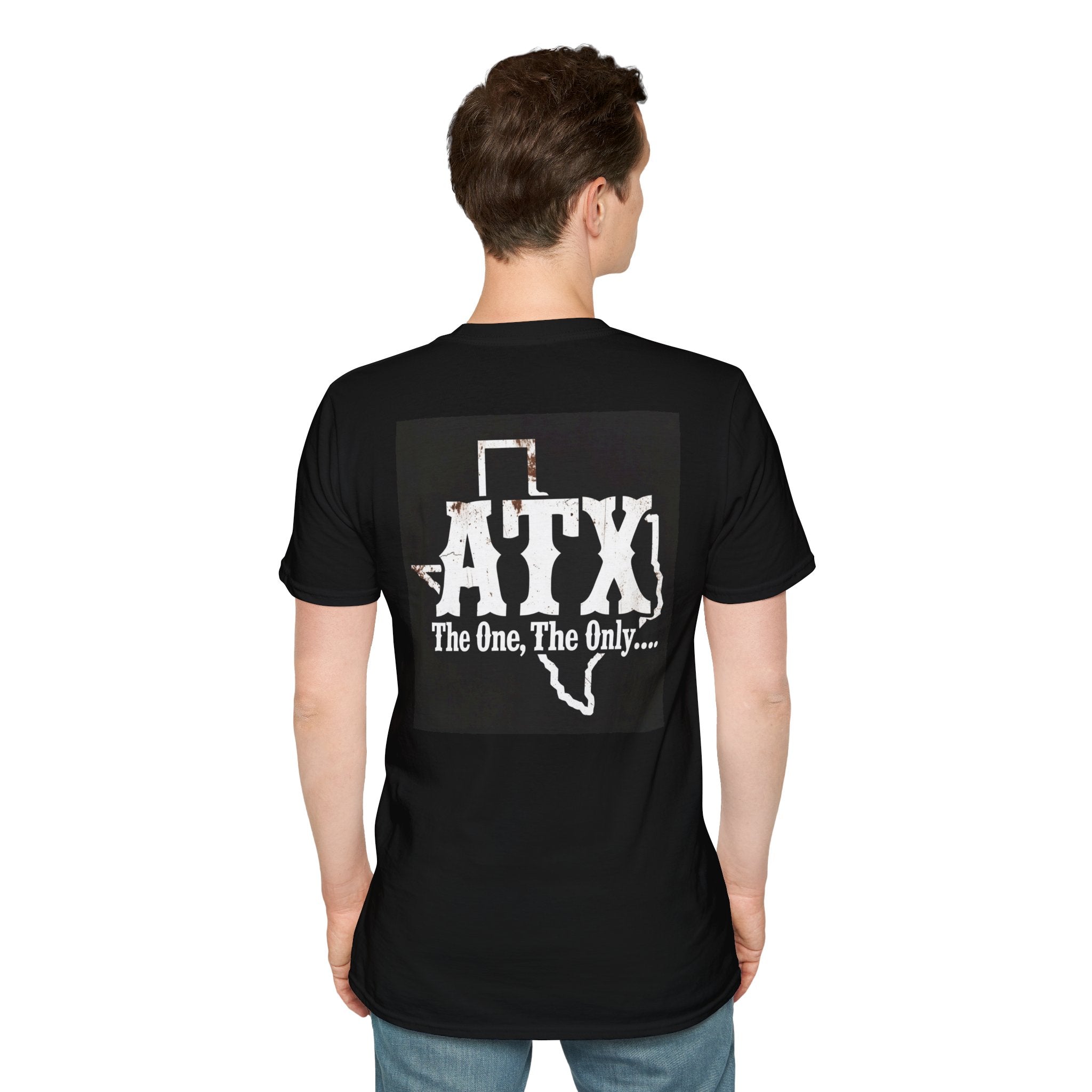 Man wearing black t-shirt with white ATX Texas graphic and text 'The One, The Only' on back