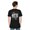 Man wearing black t-shirt with white ATX Texas graphic and text 'The One, The Only' on back