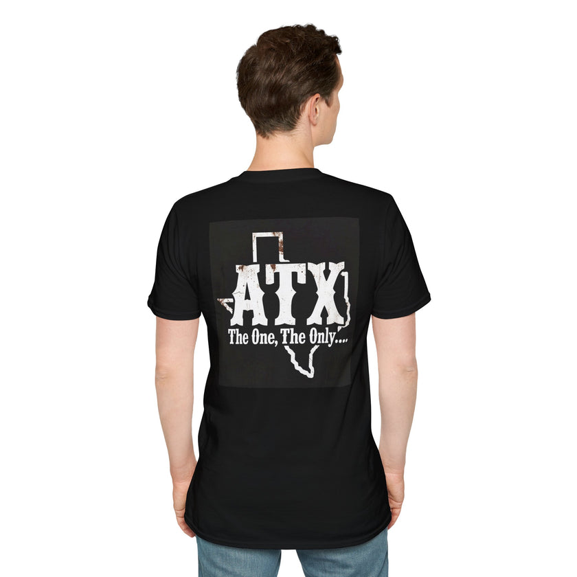 Man wearing black t-shirt with white ATX Texas graphic and text 'The One, The Only' on back